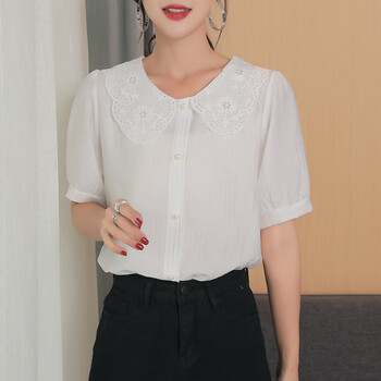 特尚莱菲 夏季女士短袖t恤新款纯棉白色短款娃娃领洋气小衫薄款减龄