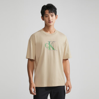 夏季男女情侣中性通勤字母印花纯棉宽松短袖t恤j400322 aci浅卡其色 s