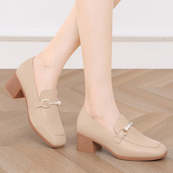 古奇天伦单鞋女牛皮复古方头方跟中口皮鞋百搭休闲鞋时尚金属珍珠装饰