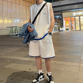 快桐套装男夏季潮牌宽松青少年无袖背心短裤一套休闲运动两件套 白色