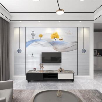 网红2022新款电视机背景墙客厅定制影视墙纸8d新中式麋鹿壁画 来图