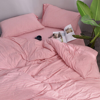 单人200x230冬季180x200裸睡被罩亮粉细条120x150cm纯棉天竺棉被套