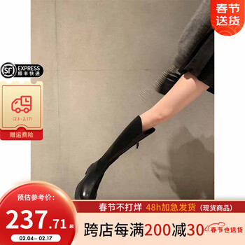 苏茵茵女靴时尚V口长筒靴粗跟高筒骑士靴秋冬时装靴加绒长靴不过膝靴子 黑色（绒里） 37