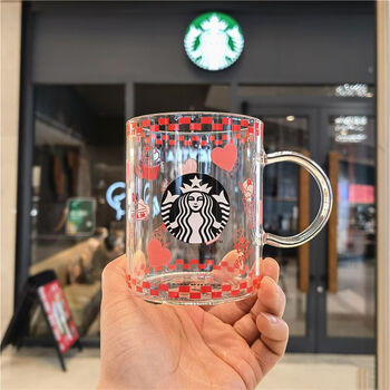 星巴克七夕男女士爱心粉色大容量桌面水杯情人节格子冷变杯礼水杯情人