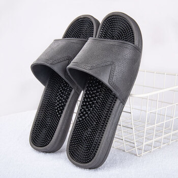 皮质按摩拖鞋男硬刺家用带刺颗粒足疗脚底室内防滑按摩拖 黑色/a软刺
