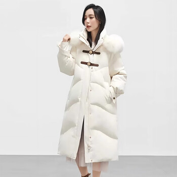 毅珊羽绒服女中长款2023新款90鸭绒加厚外套时尚狐狸毛领冬季新款保暖 米白【真狐狸大毛领】 S