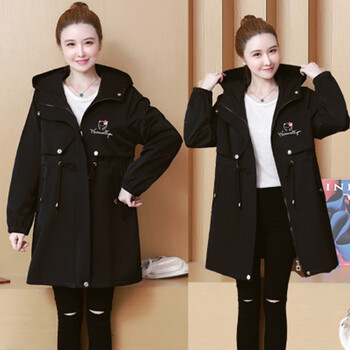 索娅思秋季新款大码女装风衣外套胖妹妹加肥加大码中长款遮肉200斤胖mm宽松遮肚子显瘦加绒加厚棉服冬款 黑色春秋 3XL建议165-185