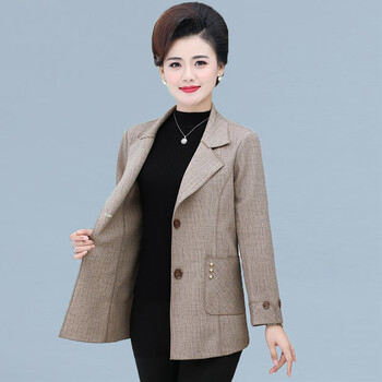 优朵米秋天外套女中年服装秋装单层薄款小西装格子50岁女春秋 983卡其