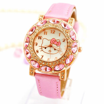 韩版儿童手表女孩时尚防水表卡通可爱公主粉kt猫小学生表kt猫粉色电池