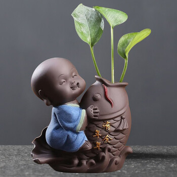宇轩 创意紫砂茶宠琴棋书画摆件手工小花器水培花插茶玩茶盘摆件 年年有鱼花器兰衣