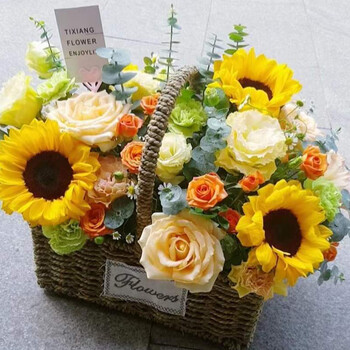 鲜花情教师节向日葵花束同城配送学生老师女朋友老婆生日礼物花束 向日葵康乃馨手提花篮金玉满堂 同城配送 支持预约日期