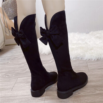 结长筒靴女2023冬季新款高筒靴韩版平底显瘦绒面弹力布靴 黑色a(绒面)