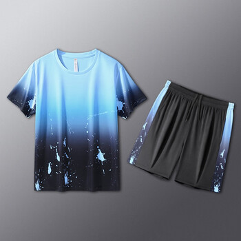 卡梵霖（KAFANLIN）羽毛球服男短袖冰丝夏季速干衣网球乒乓球服宽松定制衣服运动套装 蓝色两件套【宽松速干】 3XL