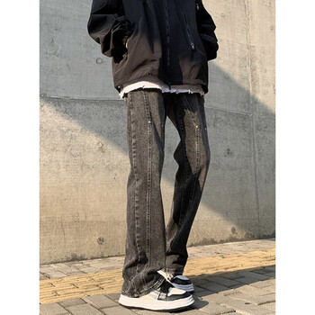 POUM牛仔裤子男秋冬季美式风高街潮牌水洗复古百搭休闲微喇直筒裤 TCFS-742黑灰色 L