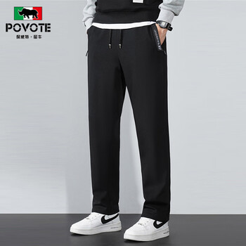 保威特犀牛（POVOTE）休闲裤男春秋季男士长裤子宽松大码裤中青年弹力长裤MS666黑色平口（春秋款）XL
