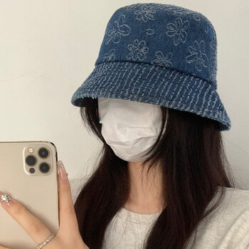 坤斯汀蓝色牛仔渔夫帽女花朵日系复古做旧百搭盆帽百搭显脸小水桶帽子