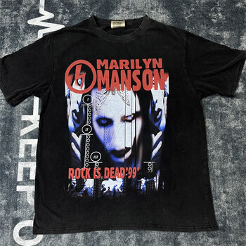 vintage圆领圣人玛丽莲曼森t恤复古水洗做旧fog欧美潮高街vtg短袖 高