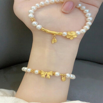 倍妙999足金手链转运珠黄金珍珠项链弯管七夕礼物送女友黄金节节高