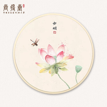 尚得堂手绘国画新中式圆形荷花两联画现代客厅沙发背景墙壁画玄关装饰
