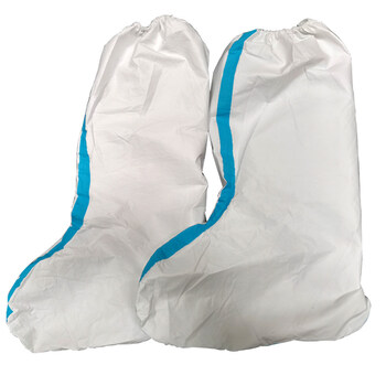 一次性压胶医用隔离鞋套防护脚套医护医生专用护鞋套加厚长筒蓝条高筒