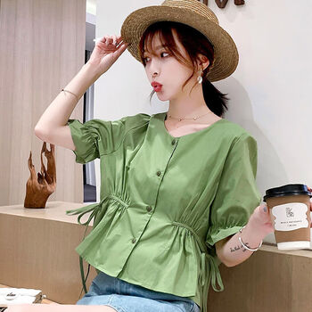 气质短袖衬衫女2022夏季新款韩版宽松收腰衬衣设计感小众短款上衣绿色