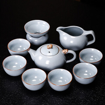 陶瓷汝窑功夫茶具套装简约冰裂纹开片汝瓷茶壶茶杯家用会客茶盘喝茶