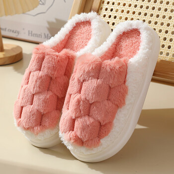 蜀泽 厚底室内情侣居家地板拖方块毛绒棉拖鞋  保暖冬季舒适绒拖 TX 桔红色38-39【适合37-38脚穿】