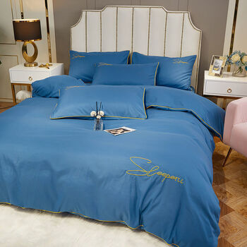 纯色双拼磨毛四件套床上用品床单被套水洗棉床笠厚被罩宿舍 蓝色 1.