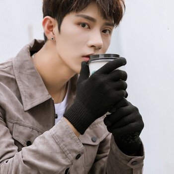 念凝触屏手套男冬季加绒保暖韩版女学生针织毛线手套情侣全指户外防寒 DT04 针织款 黑色