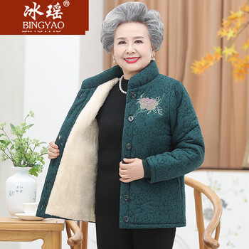冰瑶（BINYAO）奶奶装棉袄加绒加厚女中老年人女装冬装妈妈棉衣短款老太太棉服 牡丹绿 XL（建议70-100斤）