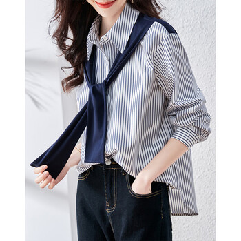 德玛纳2022年春秋竖条纹休闲长袖衬衫女宽松薄款百搭上衣衬衣 藏青 M 