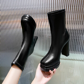 超高跟短靴女粗跟2023年秋冬季新款防水台厚底小个子圆头高跟鞋黑色36