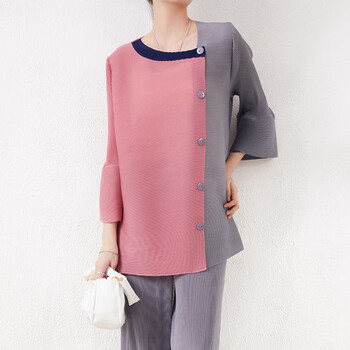 三宅一生(issey miyake)pleats please 褶皱拼色不规则长袖衬衫宽松短