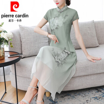 皮尔卡丹（pierre cardin）新中式改良版旗袍2024年新款年轻妈l妈连衣裙子女装夏季长裙 绿色 《女神范气质洋气时髦女装 3XL (130-140斤)