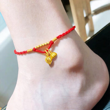 老凤祥官方旗舰店福999硬金两世欢莲花莲蓬脚链女红绳转运珠手莲花