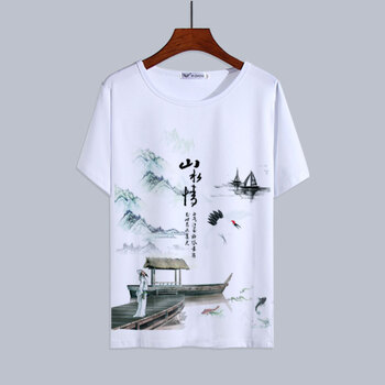 犀狂中国风水墨山水画t恤短袖男装风景画图案个性休闲宽松上衣印花潮