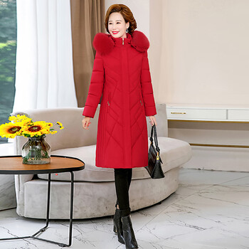 中老年人羽绒服 女中款妈妈过膝冬装女中长款2022新款大码加厚保暖中年洋气 红色 帽可拆卸 4XL 【145-165斤