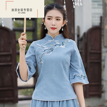 溥畔单套装女风棉麻连衣裙复古唐装民国改良旗袍两sn5965蓝色上衣单