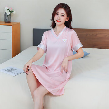 睡裙女夏季冰丝睡衣短袖薄款仿真丝绸学生甜美纯色凉感夏天家居服