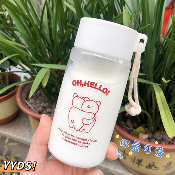 杯水杯女夏季食品级简约防摔男女学生杯子可爱随手杯450ml透明拥抱熊
