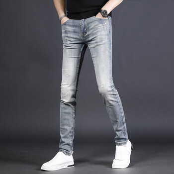 紧腿裤男牛仔男新款潮流修身小脚浅蓝色复古休闲百搭薄款裤子男kkcd99