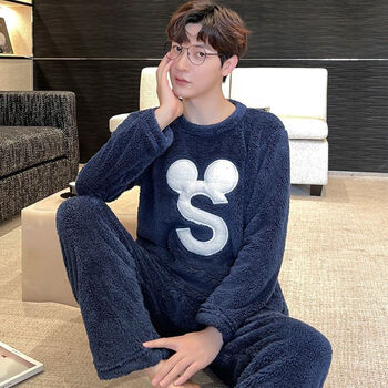 芬腾秋冬季法兰绒睡衣男士中年爸爸大码加厚加绒保暖珊瑚绒家居服套装