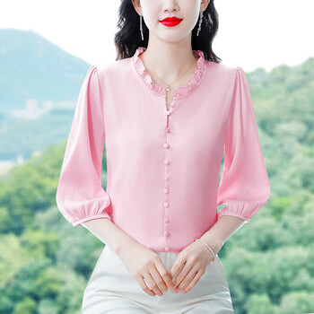 领桑蚕丝衬衫女装新款早秋2023年女士装高端真丝上衣减龄小衫粉色4xl