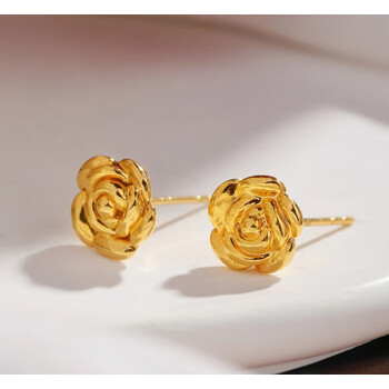 拾纯18k金玫瑰花耳钉au750黄金黄立体花朵耳饰新款女简约玫瑰花耳au