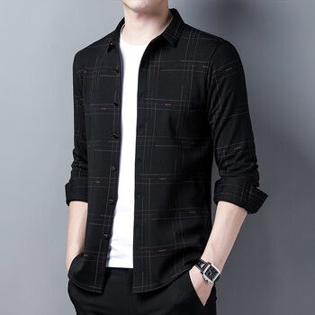 劲霸长袖衬衫男免烫格子冬装中青年男士商务休闲保暖3205黑色加绒加厚