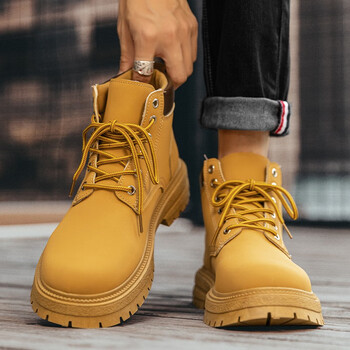 bmoi男鞋冬季马丁靴男款大黄沙漠防水工装靴户外登山防滑皮时尚舒适