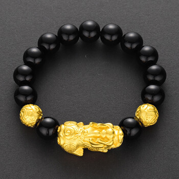 越南沙金貔貅路路通转运珠手链六字真言黑曜石佛珠仿金男款貔貅手串a