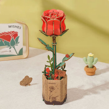 若客（ROKR）木艺繁花模型diy手工拼装木质积木花立体拼图玩具生日礼物 红玫瑰
