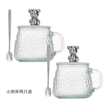 且沐杯子高颜值玻璃杯水杯家用早餐杯牛奶杯带盖马克杯咖啡杯情侣杯子 小熊杯两只装【杯身+杯盖+杯勺】