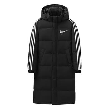 耐克顿长款羽绒服男士白鸭绒冬季时尚条纹加绒加厚宽松百搭潮黑色xl